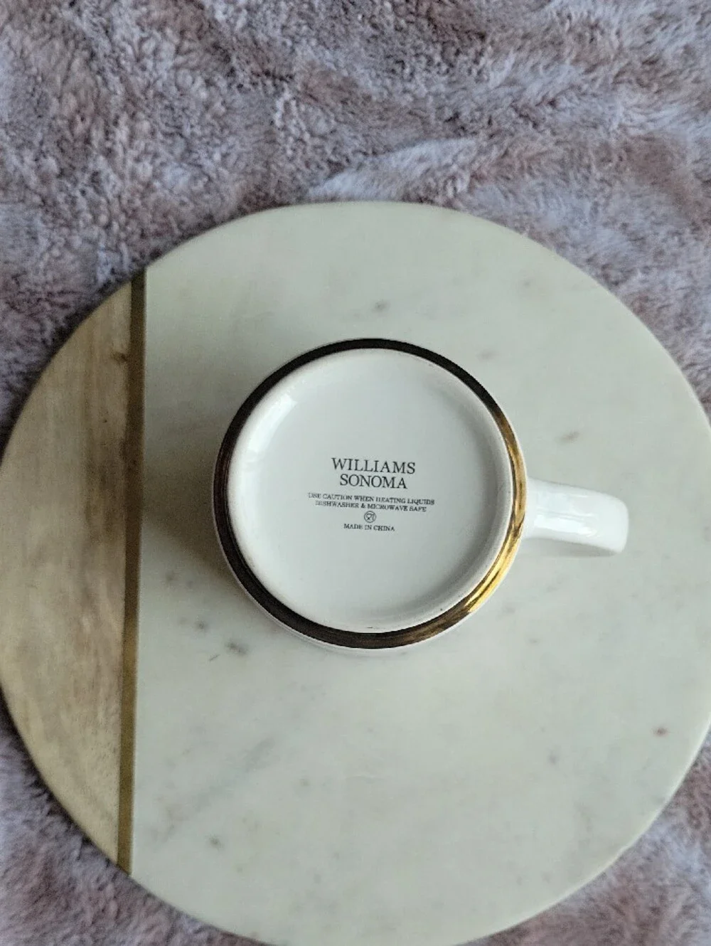 Williams Sonoma White Ceramic Mug with Brassy Gold Initial E and Gold Trim